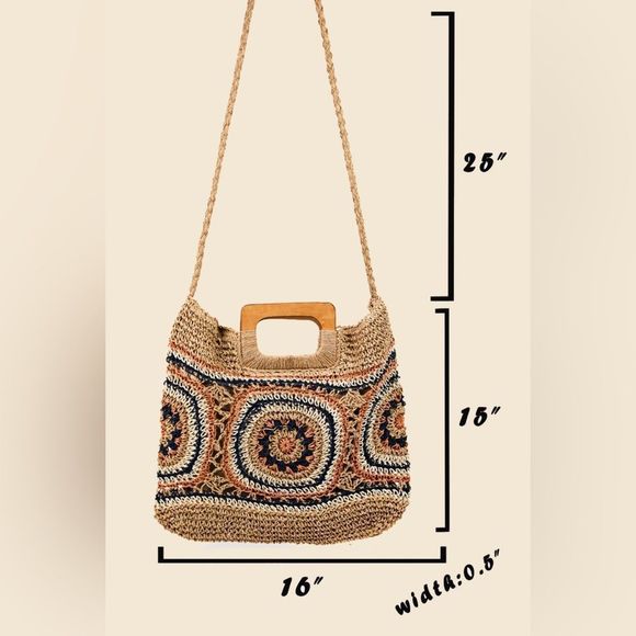 🆕 Square Straw Braided Bag w/ Wooden Handle - Picture 3 of 5